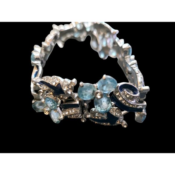 Vintage 1930s Rhodium-Plated Blue Enamel Trillium Bracelet Attributed to Mazer - Picture 9 of 13
